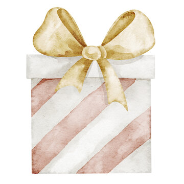 Gift box watercolor illustration with ribbon and bow in pastel tones. Hand painted striped Present isolated on background. Suitable for childish birthday cards, invitations and celebration design.