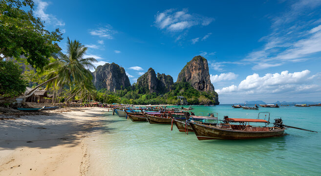 Longtail boats on a tropical beach with limestone cliffs and clear turquoise water in Thailand.