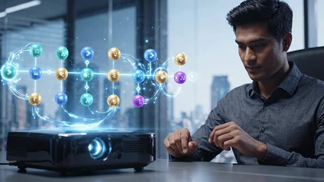 Man in office uses projector displaying molecular structure hologram on desk
