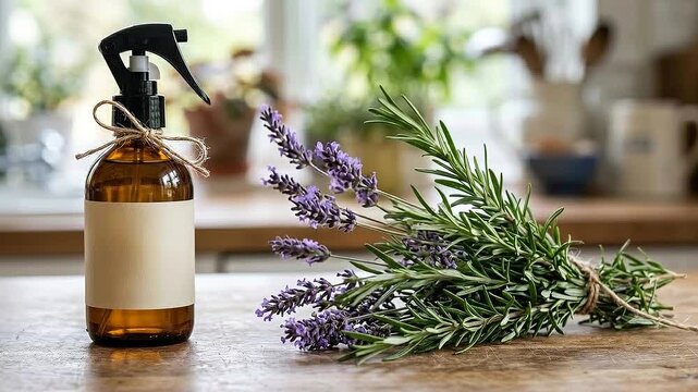 Eco cleaning natural lavender spray bottle rosemary bundle on wooden table homemade fragrant home cleaning solution eco friendly cleaning care