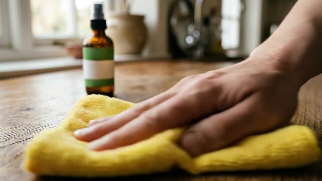 Eco cleaning products use microfiber cloth to gently wipe wooden table and wooden countertop with natural spray for fresh tidy home surface cleaning