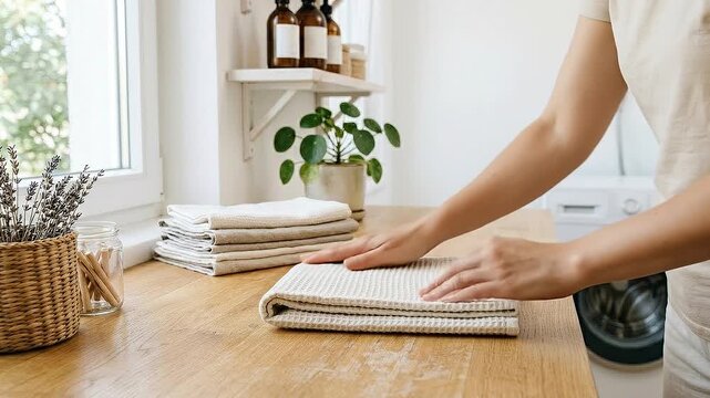 Eco cleaning cloths gently fold linen and cotton towels on wooden countertop for organized bright minimalist laundry with plants jars folding laundry