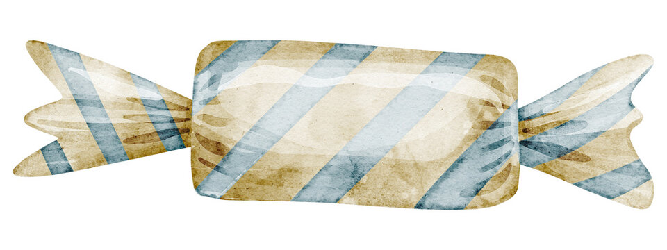 Candy watercolor illustration in soft pastel blue and beige tones. Hand painted wrapped Sweet isolated on background. Suitable for childish birthday invitation, celebration design, greeting cards.