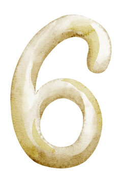 Number Six watercolor illustration in golden tones. Hand painted Digit isolated on background. Suitable for childish birthday, anniversary and celebration typography design.