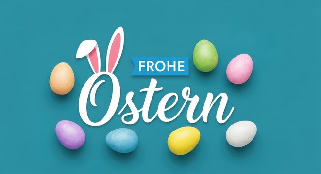 Frohe ostern greeting card with colorful easter eggs and bunny ears on a teal background