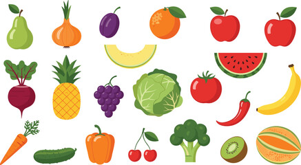Obraz premium Mixed Fruits and Vegetables Collection Featuring Apple Banana Orange Pineapple Tomato Cabbage Carrot Pepper and More for Fresh Healthy Food Illustration Design.