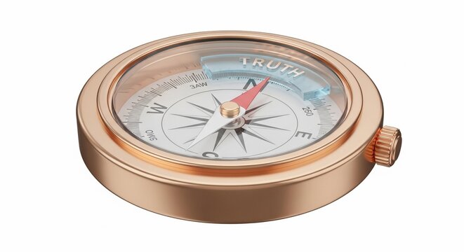 Rose gold magnetic compass pointing to the word truth isolated on white