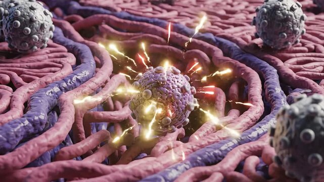 The strong response features vibrant, pulsing light waves radiating between immune cells, triggering synchronized activation. The weak response shows faint, scattered pulses that travel short distance