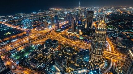 Obraz premium Aerial night view of modern Dubai skyline with illuminated skyscrapers and urban highways