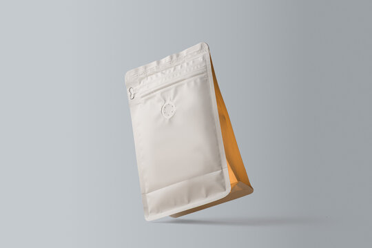 Floating white coffee pouch on soft gray background creates minimal packaging mockup for branding, label design and product ads.