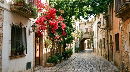 Fototapeta premium Charming European Cobblestone Street Lined with Old Buildings and Blooming Red Flowers