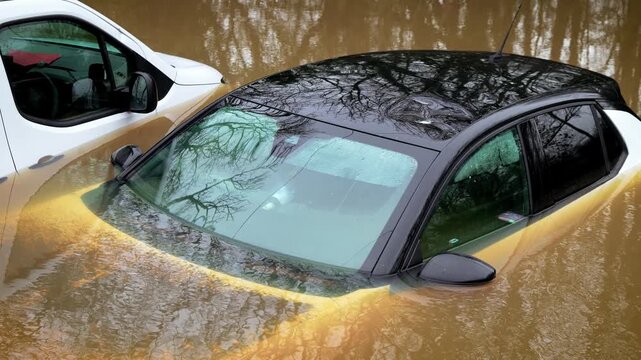 Disaster flooding submerging passenger cars in deep muddy water. Storm runoff rising and trapping vehicles during severe weather event. Climate emergency escalating and causing widespread transport