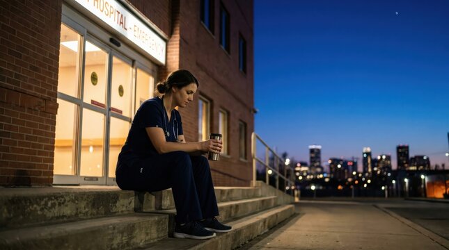 Tired Female Healthcare Worker Sitting on Hospital Steps at Night.