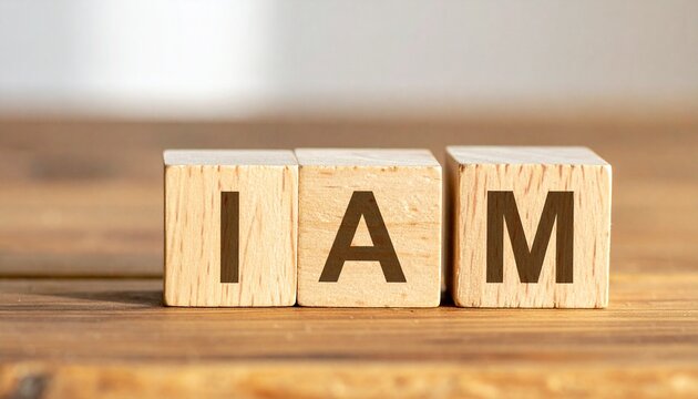 Three rustic wooden blocks engraved with letters forming &ldquo;I AM&rdquo; on warm textured surface, natural composition symbolizing identity, affirmation, motivation, and self-reflection in a timeless, groundin