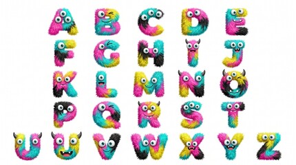 Obraz premium Colorful cartoon alphabet letters with eyes on white background