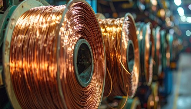 Large industrial spools of tightly wound copper wire arranged in a row, metallic sheen reflecting light, machinery in background, symbolizing precision, scale, and production in manufacturing facility