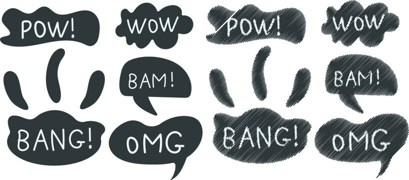 Comic doodle speech bubbles set with OMG BAM POW BANG WOW hand drawn style.