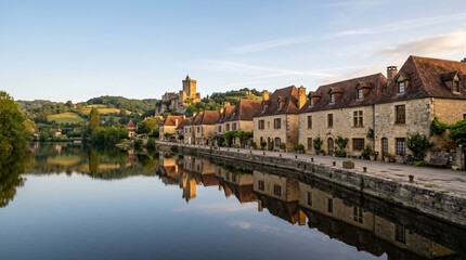 Obraz premium Charming riverside village at sunset with historic architecture and serene reflections in Europe