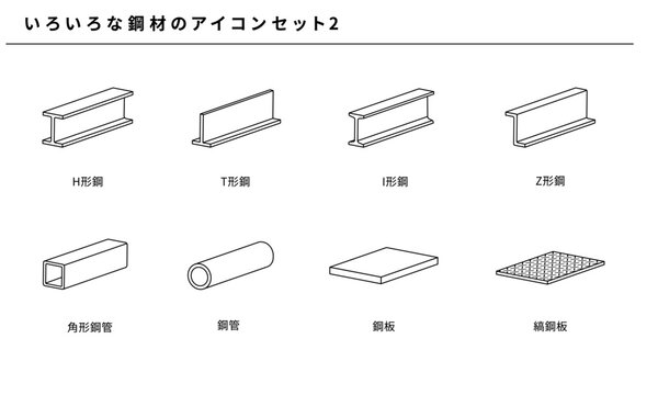 いろいろな鋼材のラインアイコンセット2、ベクター素材