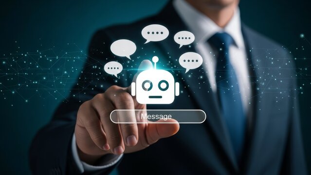 Businessman touching virtual interface showing chatbot with speech bubbles and message field