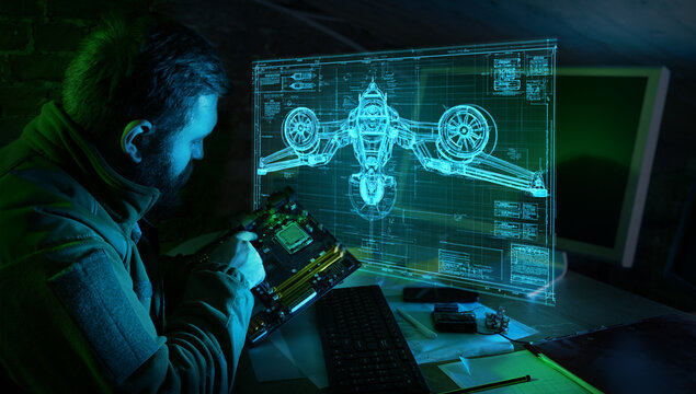 Engineer repairing motherboard while analyzing military aircraft blueprint hologram. Concept of defense technology development, hardware engineering, innovation workflow and aerospace systems design.