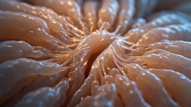 Abstract translucent organic tissue slowly regenerating in extreme macro tracking shot. Biological structure with glowing filaments expanding and contracting over