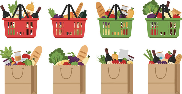 Grocery Shopping Vector Set Featuring Red And Green Plastic Baskets And Brown Paper Bags Filled With Fresh Produce Bread And Wine For Supermarket And Food Retail Graphic Designs