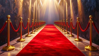 Obraz premium Luxurious red carpet walkway flanked by gold stanchions and velvet ropes, leading to bright illuminated end with dramatic beams of light, evoking prestige, celebration, and grand entrance atmosphere.