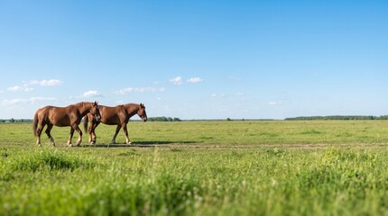 Obraz premium Two Chestnut Horses Grazing in a Lush Green Meadow Under a Bright Blue Sky