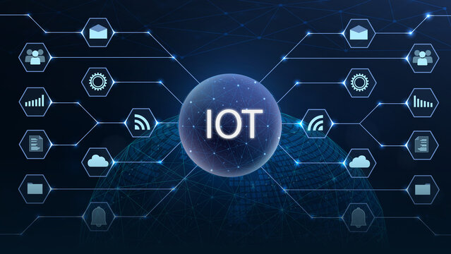This image illustrates the Internet of Things (IoT) concept, showcasing interconnected devices with various icons representing data exchange and connectivity in a digital network.