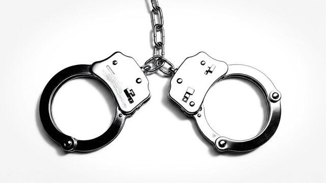 Shiny Metal Handcuffs Dangling From Chain Against White Background