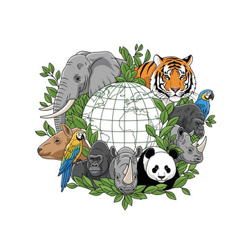 A vibrant illustration showcasing a diverse collection of endangered animals surrounding a globe, symbolizing wildlife conservation and environmental protection.