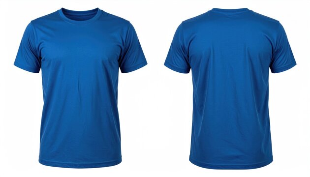  blue t shirt front and back view, isolated on white background. Ready for your mock up design template