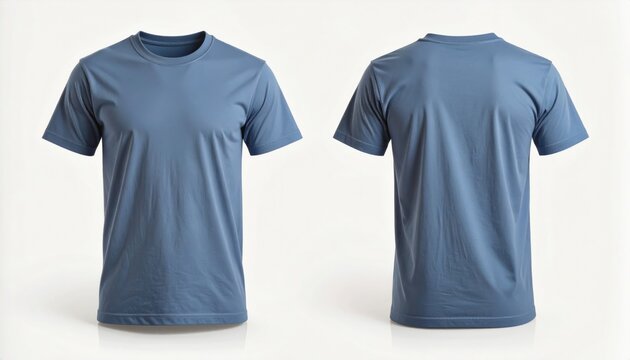  blue t shirt front and back view, isolated on white background. Ready for your mock up design template