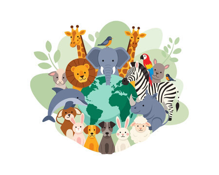 A vibrant illustration showcasing a diverse collection of animals from around the world gathered around a depiction of planet Earth, symbolizing global wildlife and biodiversity.