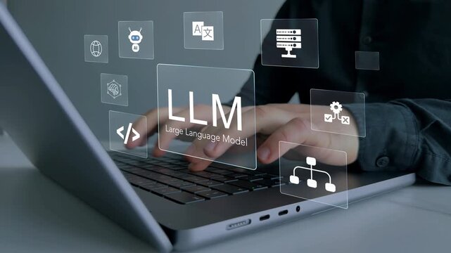 User working on laptop in LLM,Data performrange language tasks,answering questions, summarizing information, translating languages, writing code.Large language model(LLM) with AI technology.