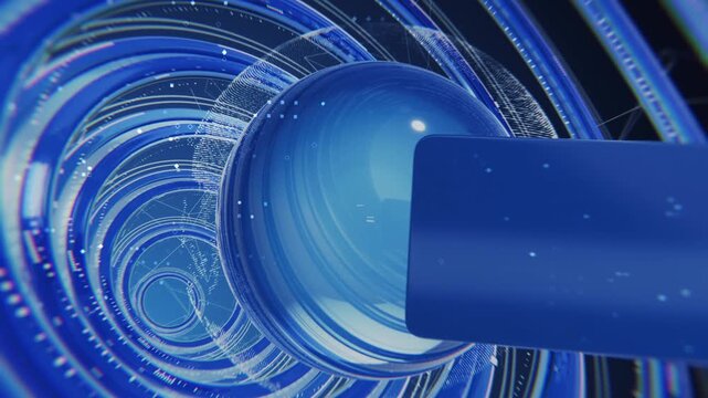 High-quality animation of a "News" lower third plate in front of a glossy world globe. The scene includes futuristic technology circles and a background of chaotic plexus lines. Clean professional loo