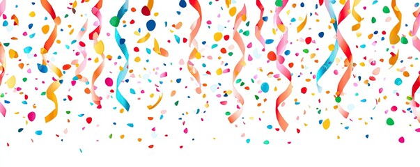 Obraz premium A festive shower of colorful confetti and streamers cascades down against a white background