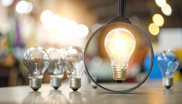 Glowing light bulb on surface surrounded by unlit bulbs, magnifying glass focusing on the lit one, blurred workshop background with tools and lights, symbolizing creativity, innovation, and analysis.
