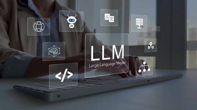 Large language model(LLM) with AI technology.User working on laptop in LLM,Data performrange language tasks,answering questions, summarizing information, translating languages, writing code.