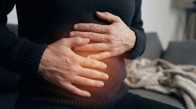 Man holding his stomach because of abdominal pain. Person suffering from digestive issue or food poisoning. Medical concept for gastroenterology, acid reflux, and digestion problem.