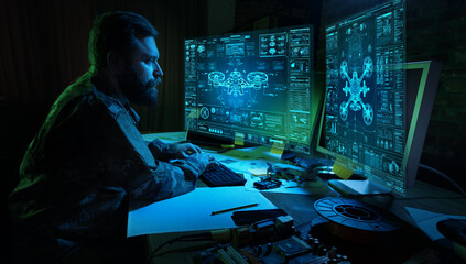 Engineer working with multiple holographic drone interfaces military command system. Concept of advanced control center, drone fleet management and high tech defense operations. © Lustre Art Group 