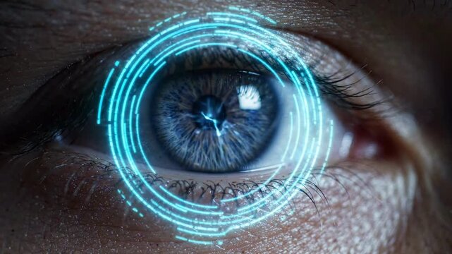 A close-up view of a human eye with a futuristic blue digital circle scanning the iris in a dark environment.