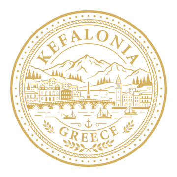 Gold Kefalonia Greece travel emblem featuring coastal landscape and bridge vector illustration
