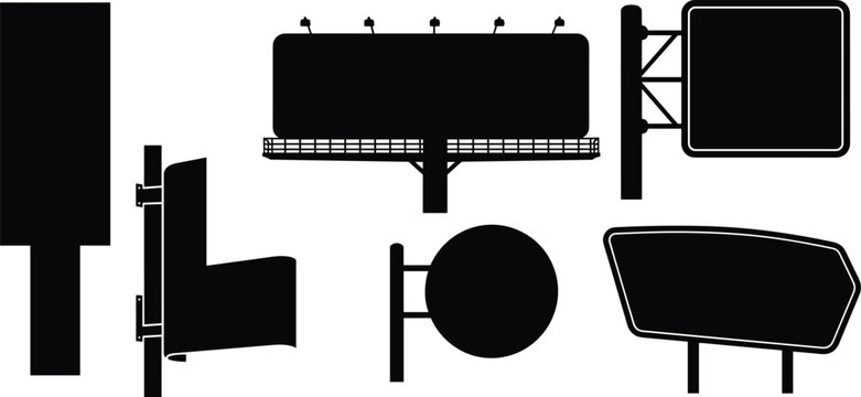 Black silhouettes of various billboards and signs on white background