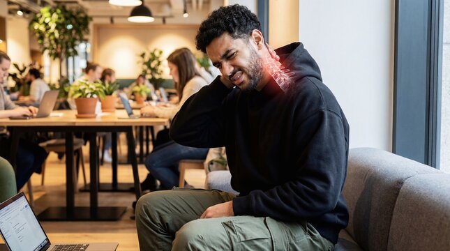 Man suffering from neck pain while working on laptop. Young office worker touching his sore upper spine. Concept of work injury, bad posture, muscle strain and digital healthcare trauma.