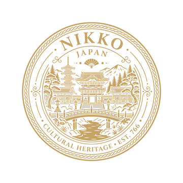 Nikko Japan cultural heritage gold emblem featuring traditional pagoda and bridge landscape vector illustration