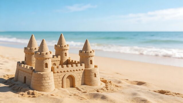 Sandcastle on beach with ocean view