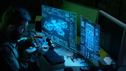Engineer assembling motherboard with drone hologram interface military system. Concept of hardware integration, defense electronics and high tech development process. © Lustre Art Group 