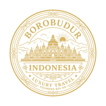 Borobudur Indonesia luxury travel badge with gold stupas and sunrise vector illustration